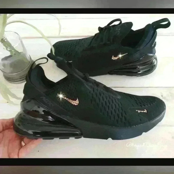 Women's Bling Nike Air Max 270 Black Gold Sneakers made with Crystals - Picture 1 of 7